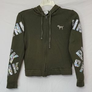 Pink Victoria Secret Sequin Sleeve Full Zip-Up Hoodie Size Small